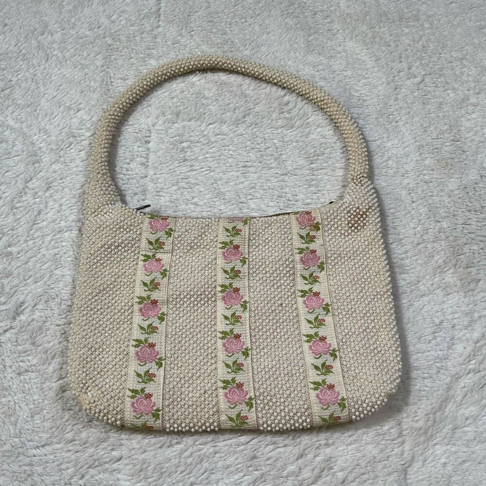Vintage 1950s John Wind Lumured Rose Beaded Hand Bag Purse - Picture 1 of 10